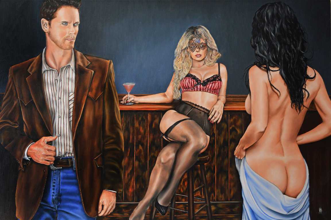 Figurative fine art Painting.  The Bar.  Peter Buddle